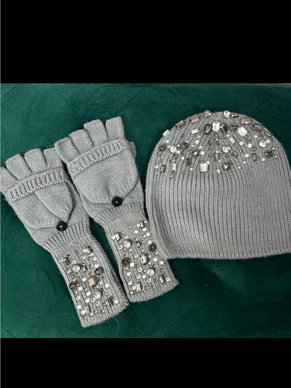 Nordstrom Embellished crystals Knit Beanie and Convertible Mittens - Gray